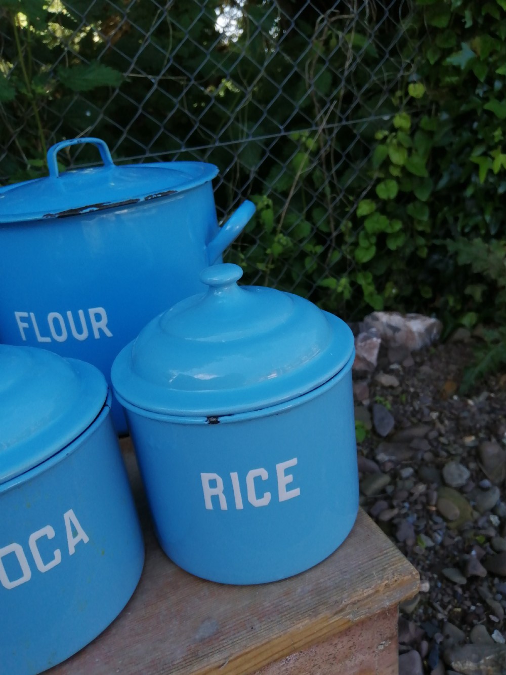 Antique 8 piece enamel kitchen set. View XV