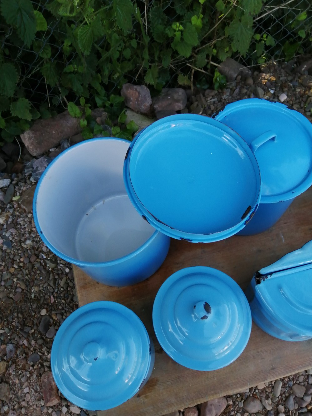Antique 8 piece enamel kitchen set. View XVII