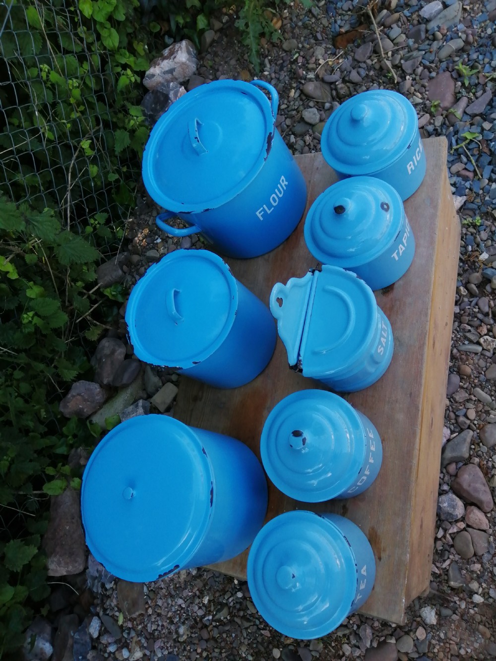 Antique 8 piece enamel kitchen set. View XIX
