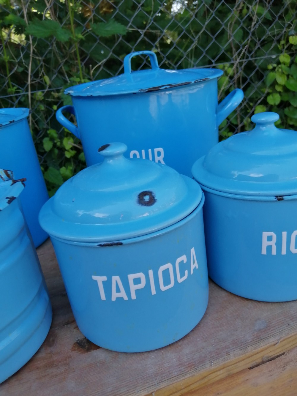 Antique 8 piece enamel kitchen set. View XXI
