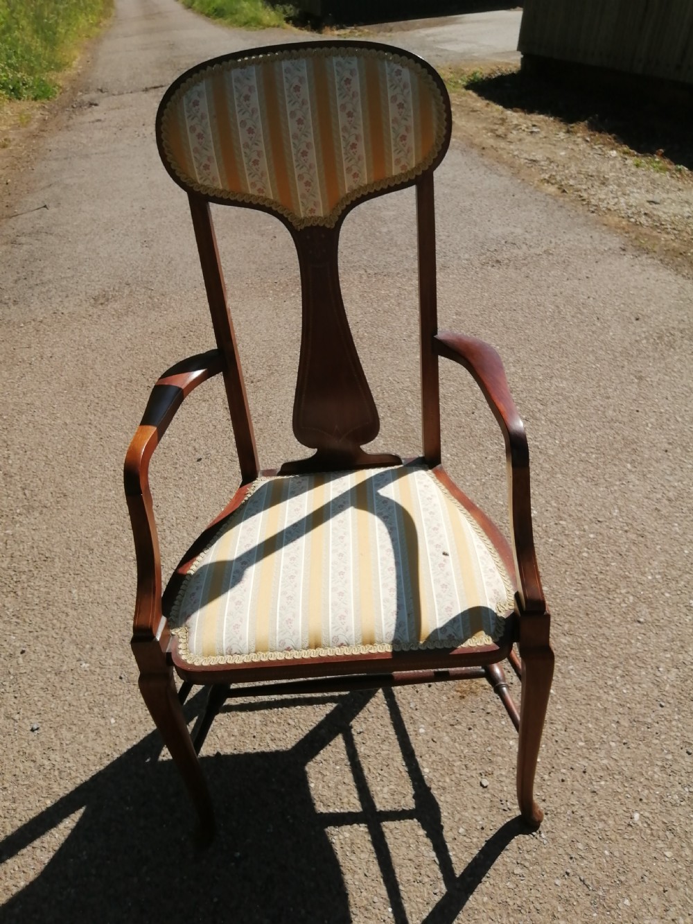 Arts and Crafts inlaid mahogany arm chair, possibly Scottish.