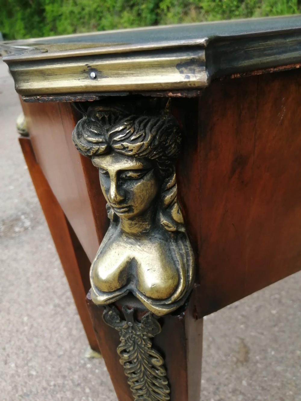 Antique French walnut writing table. View VIII