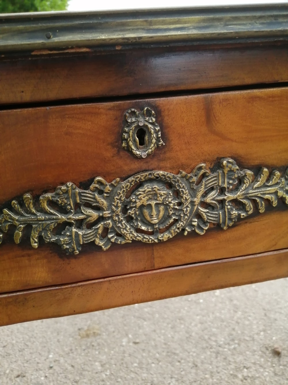 Antique French walnut writing table. View IX
