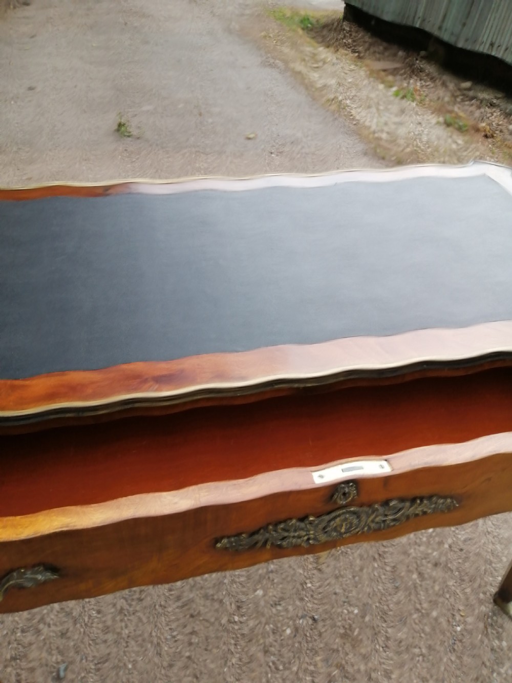 Antique French walnut writing table. View XII