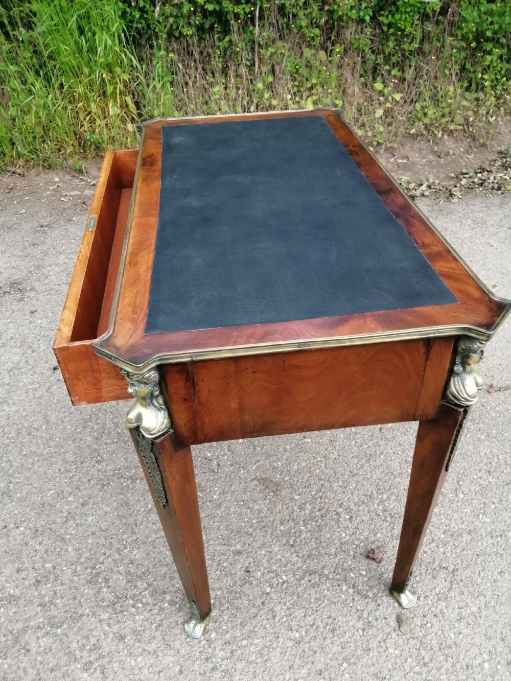 Antique French walnut writing table. View XIII