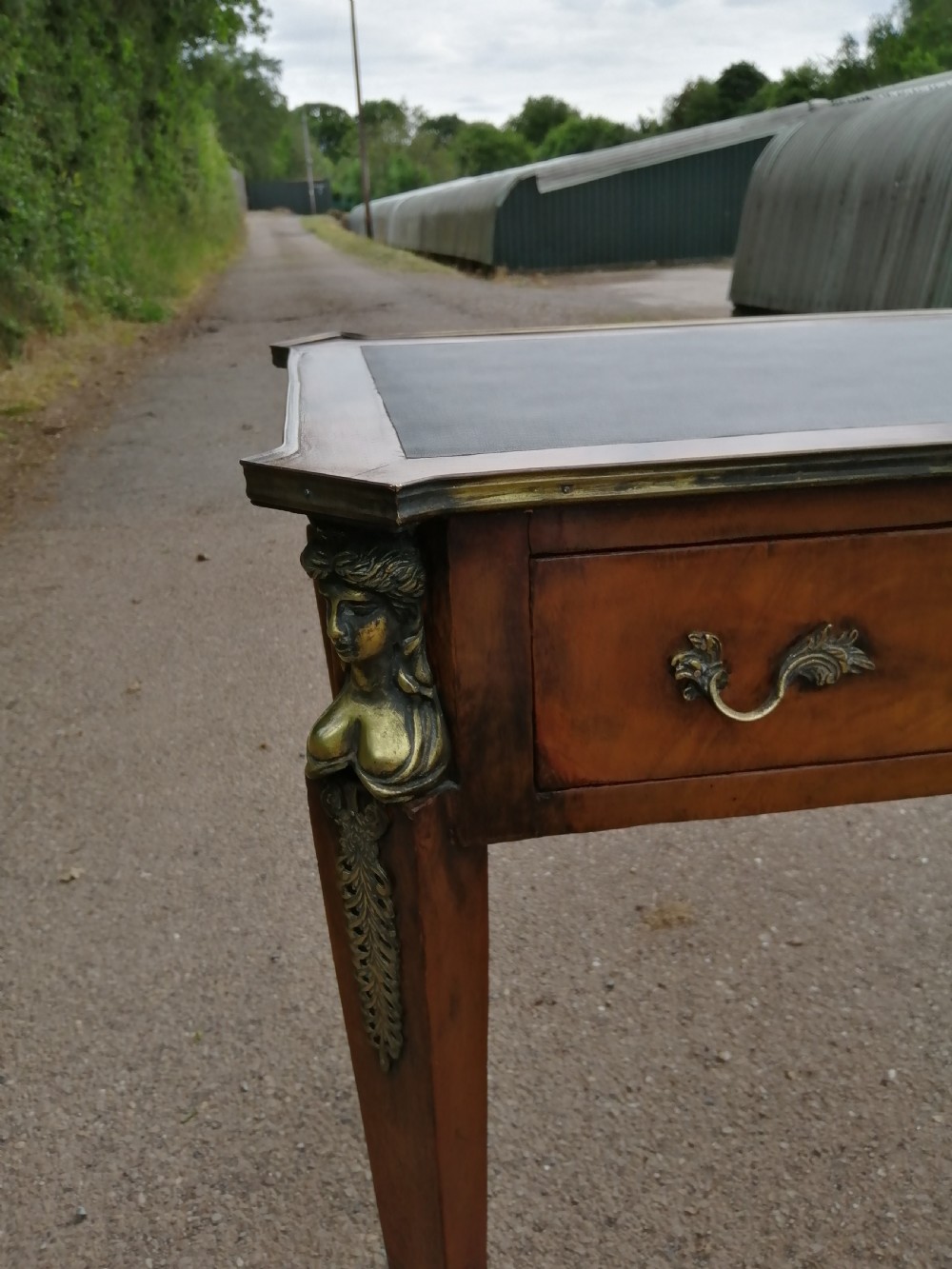 Antique French walnut writing table. View XIV