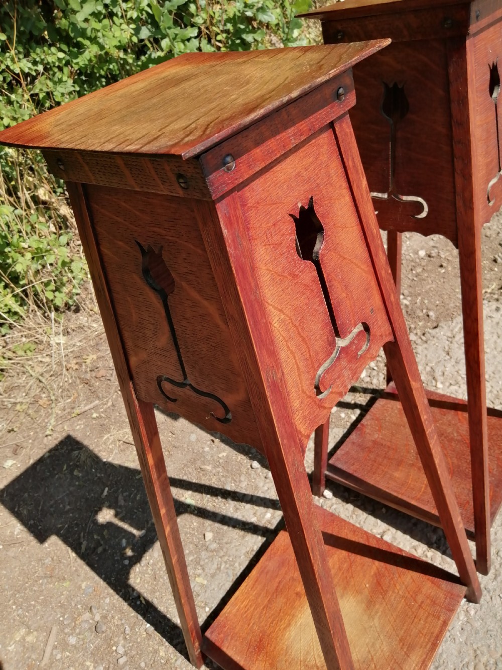 Rare Pair of Arts and Crafts oak plant stands View II