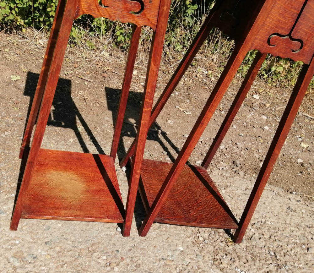 Rare Pair of Arts and Crafts oak plant stands View IV