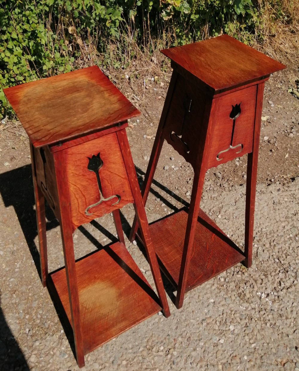 Rare Pair of Arts and Crafts oak plant stands View VI