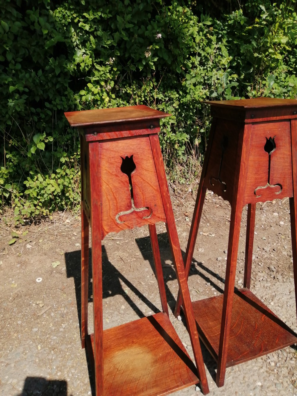Rare Pair of Arts and Crafts oak plant stands View VII