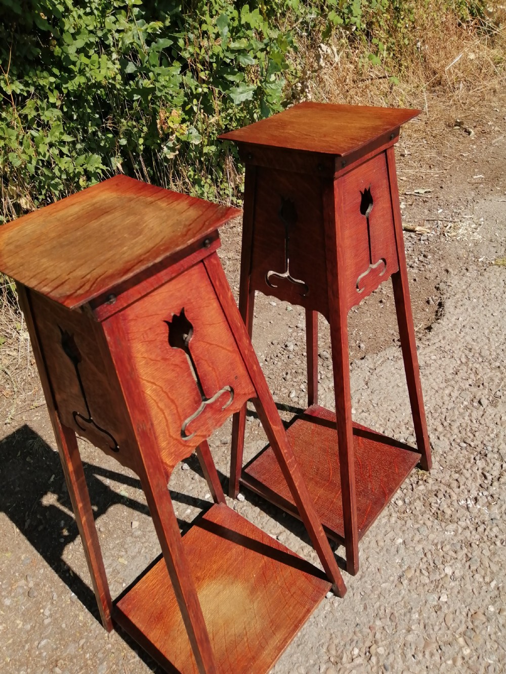 Rare Pair of Arts and Crafts oak plant stands View VIII