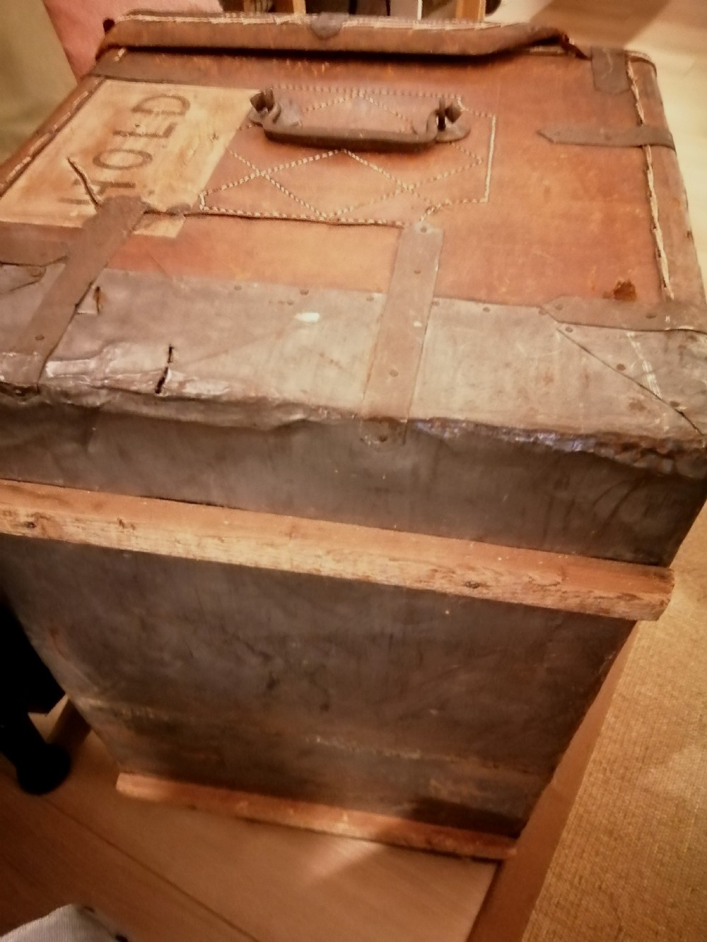 A rare Anglo Indian stitched leather traveling trunk. View VI