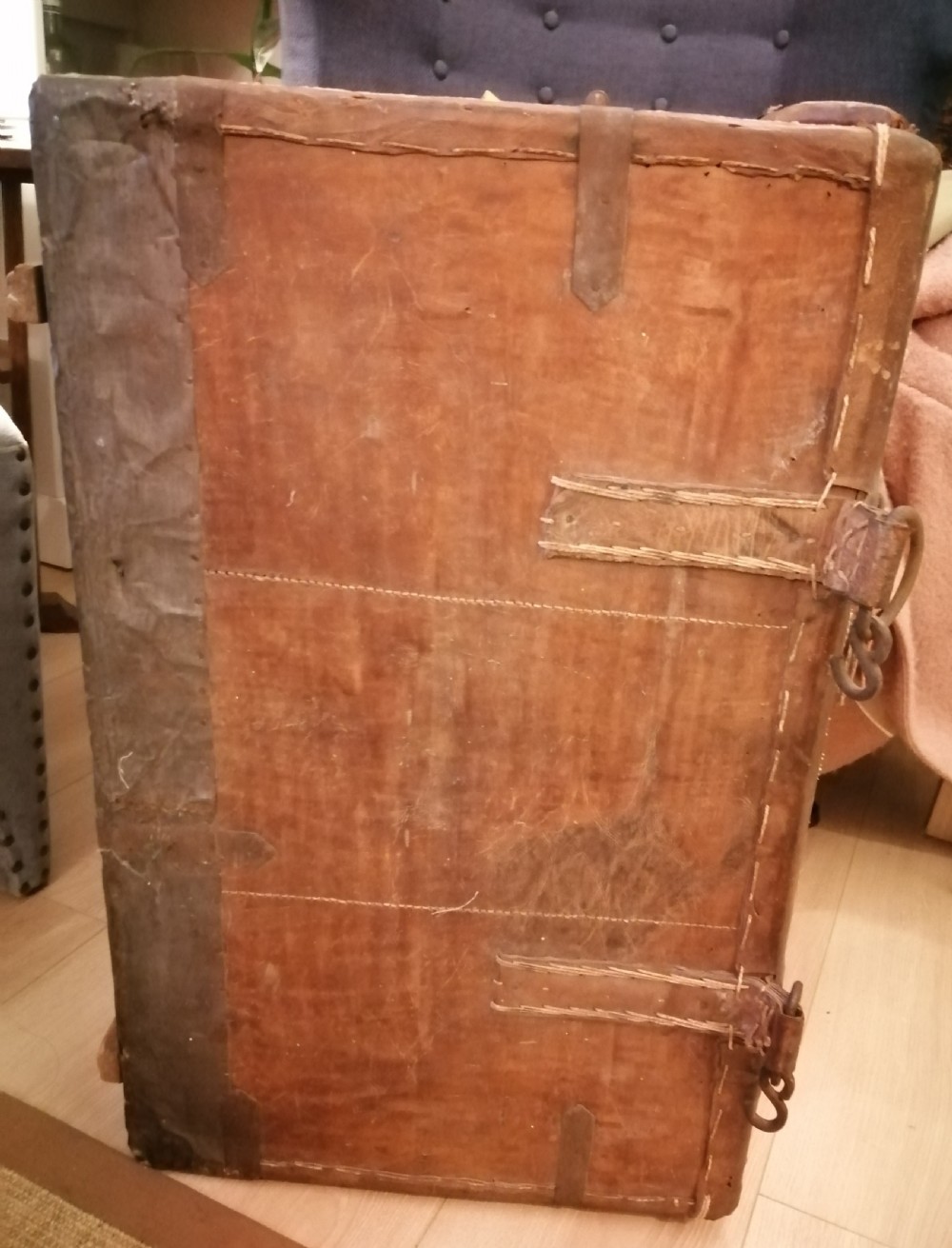 A rare Anglo Indian stitched leather traveling trunk. View XII