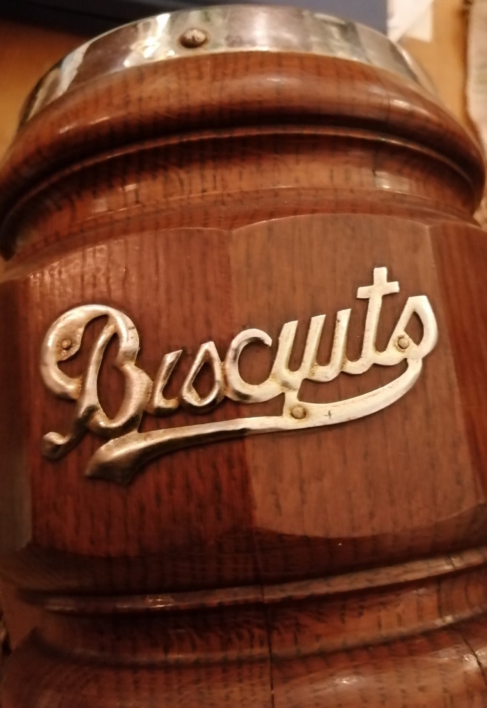 An antique oak biscuit barrel. View IV
