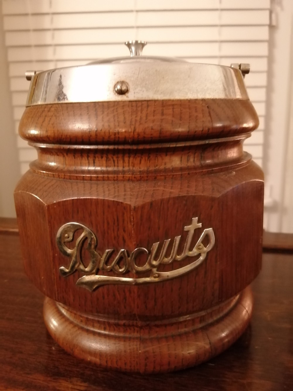 An antique oak biscuit barrel. View VI