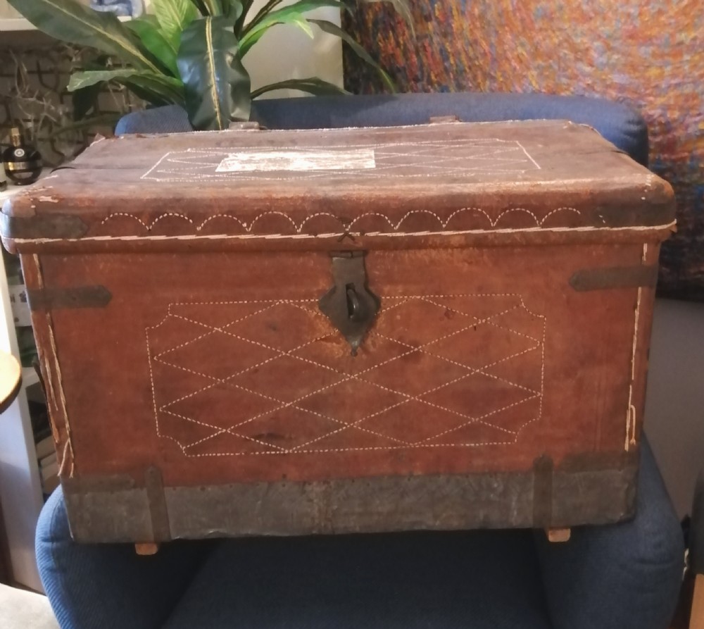 A rare Anglo Indian stitched leather traveling trunk.