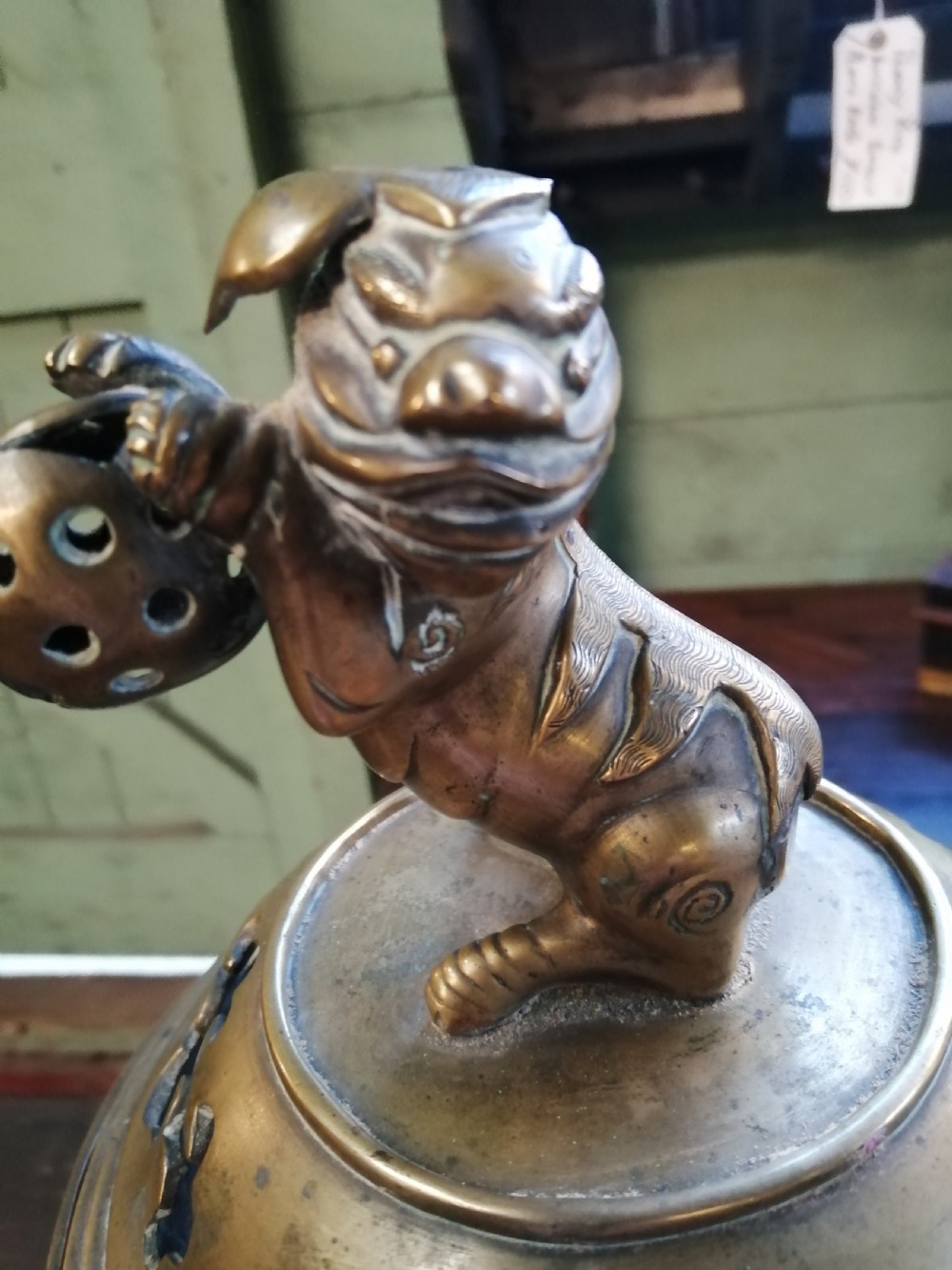 Large 19c oriental bronze incense burner. View VI