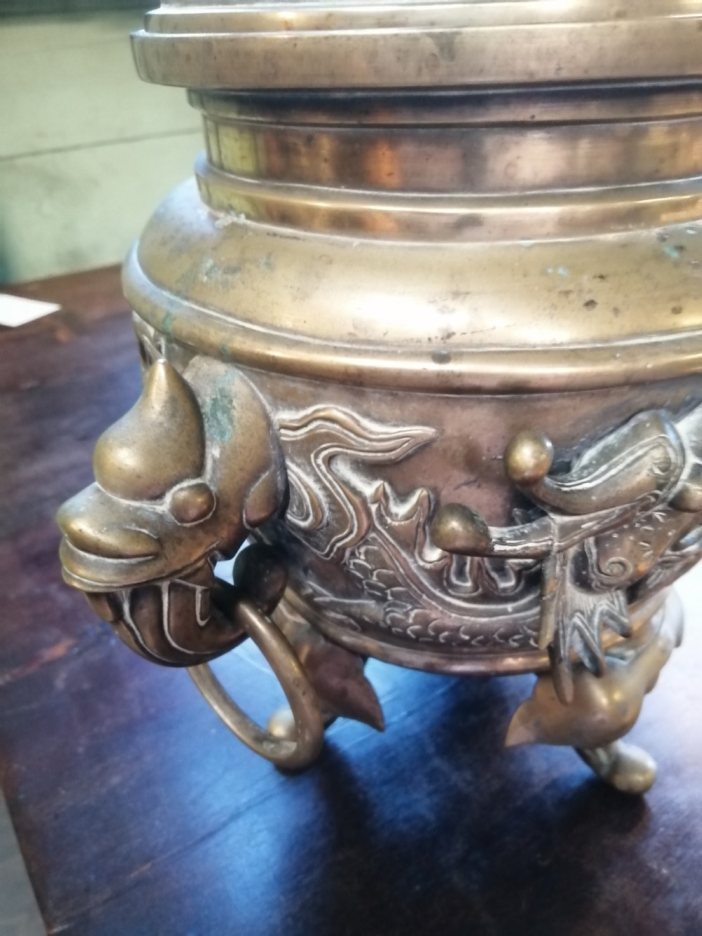 Large 19c oriental bronze incense burner. View IX