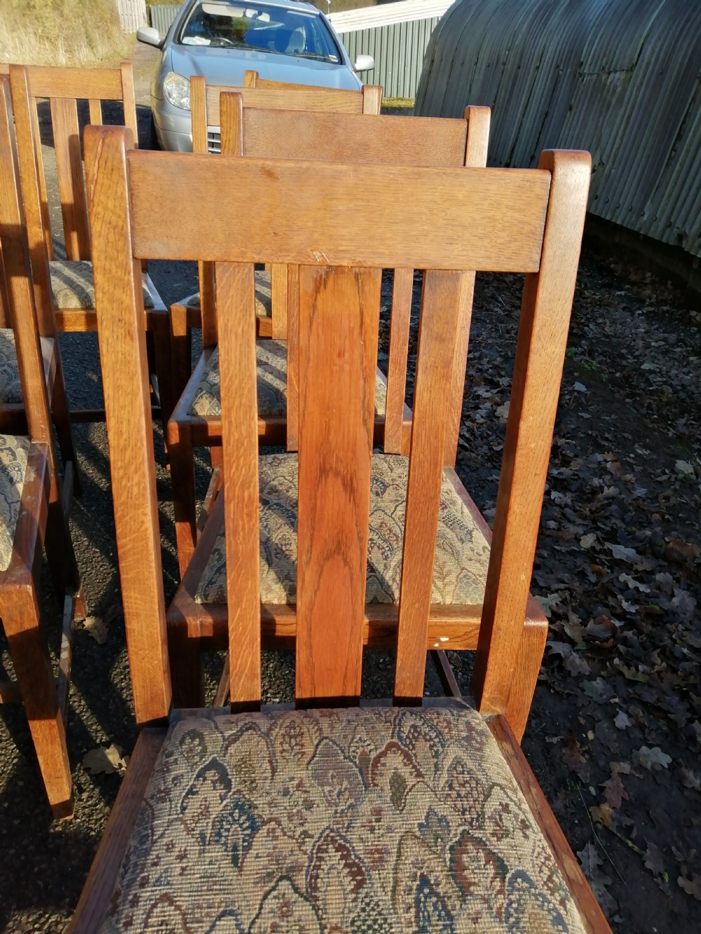 Set of 8 oak art's and crafts chairs. View XI