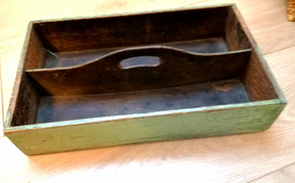 Antique original green painted cutlery tray.