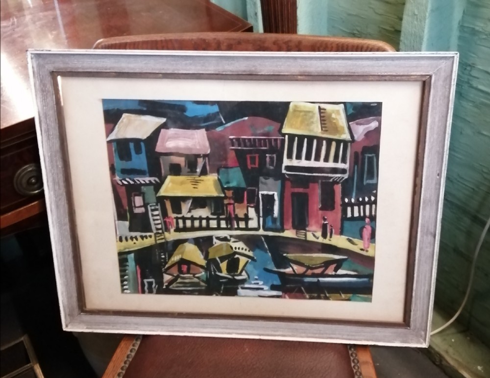 A vibrant Indonesian watercolour, waterfront scene