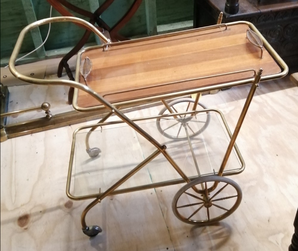 1930s brass and walnut drinks or tea trolley.