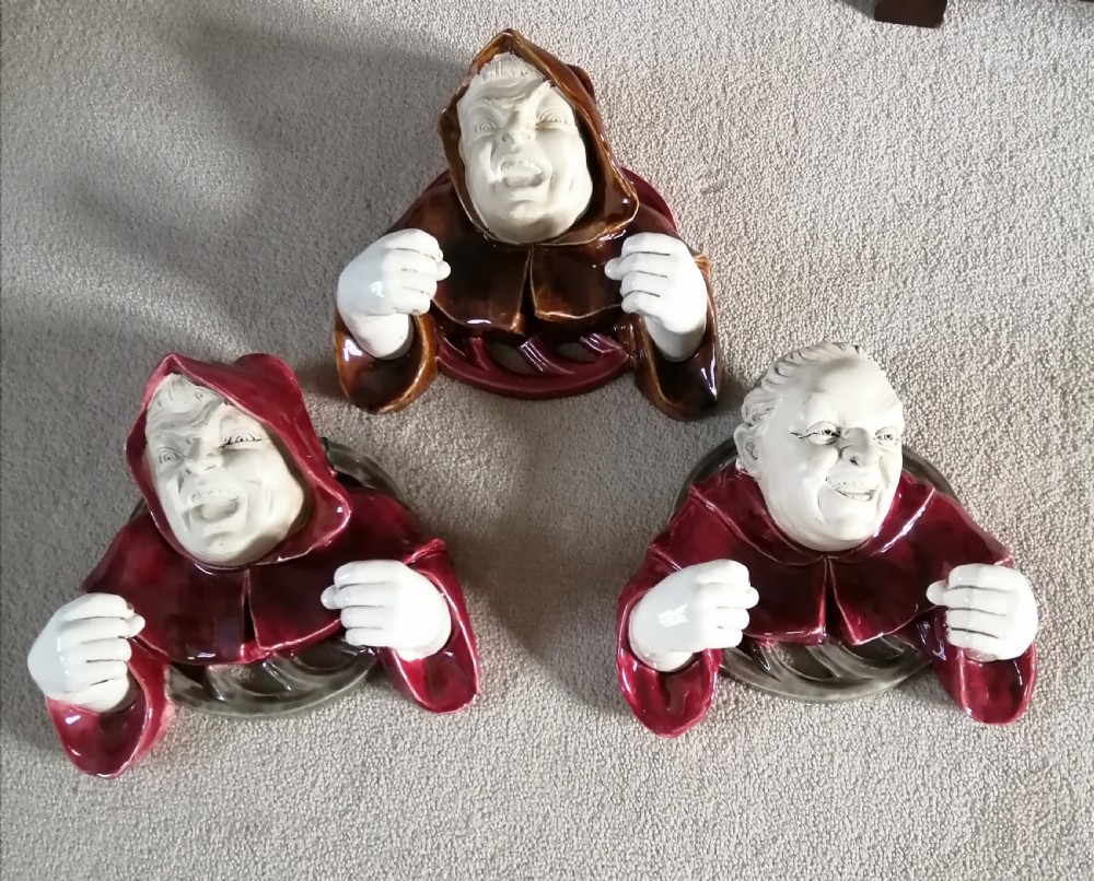 Antique humourous set of 3 jolly monk  wall hanging candle holders