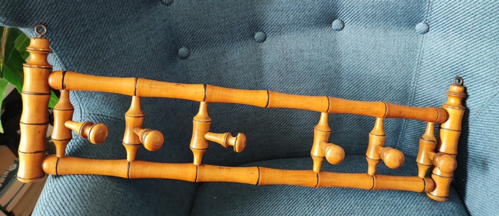 Antique French faux bamboo fruitwood wall hanging coat hat rack 