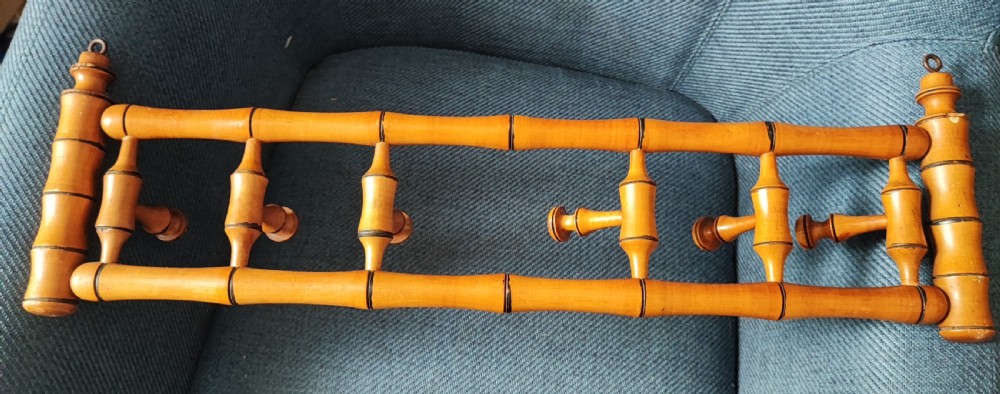 Antique French faux bamboo fruitwood wall hanging coat hat rack  View III