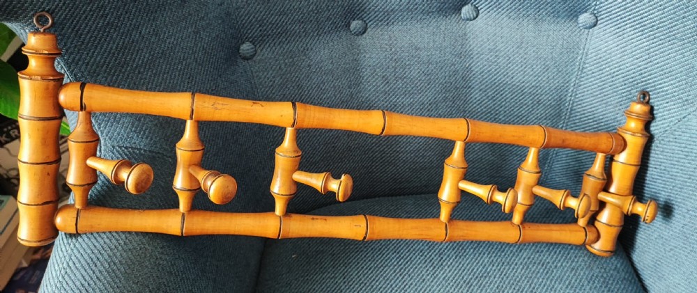 Antique French faux bamboo fruitwood wall hanging coat hat rack  View V