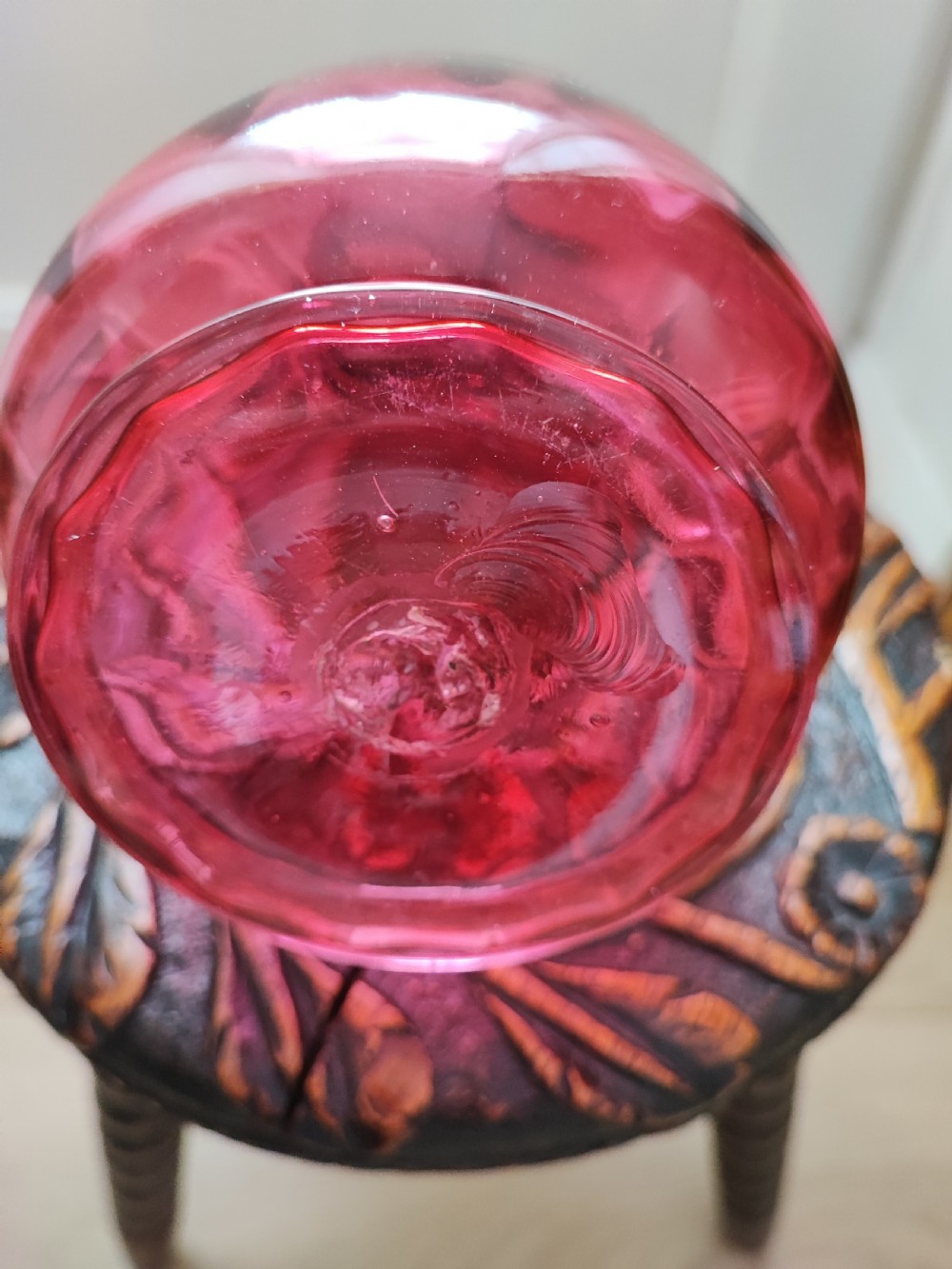 Pretty Victorian cranberry glass decanter. View II