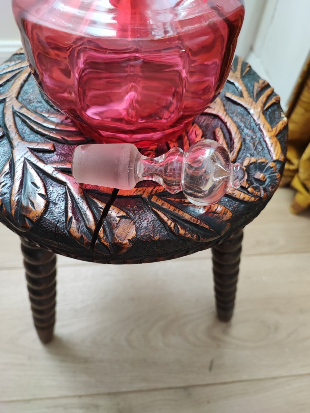 Pretty Victorian cranberry glass decanter. View IV