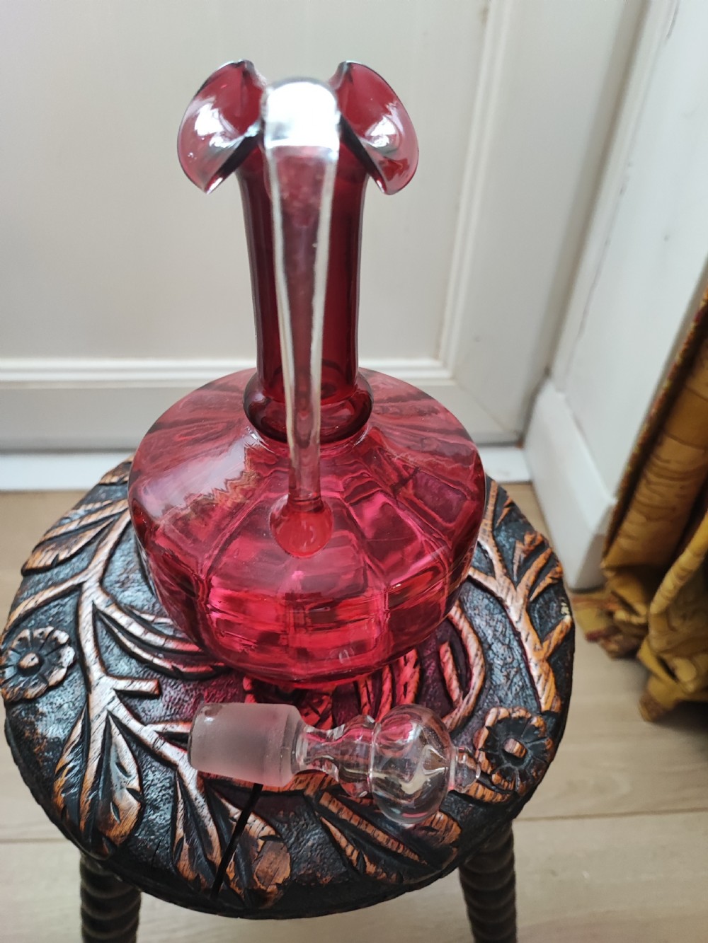 Pretty Victorian cranberry glass decanter. View V