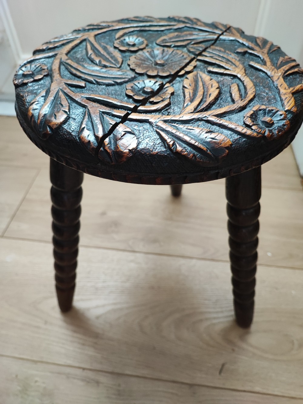 Victorian bobbin and carved oak stool.