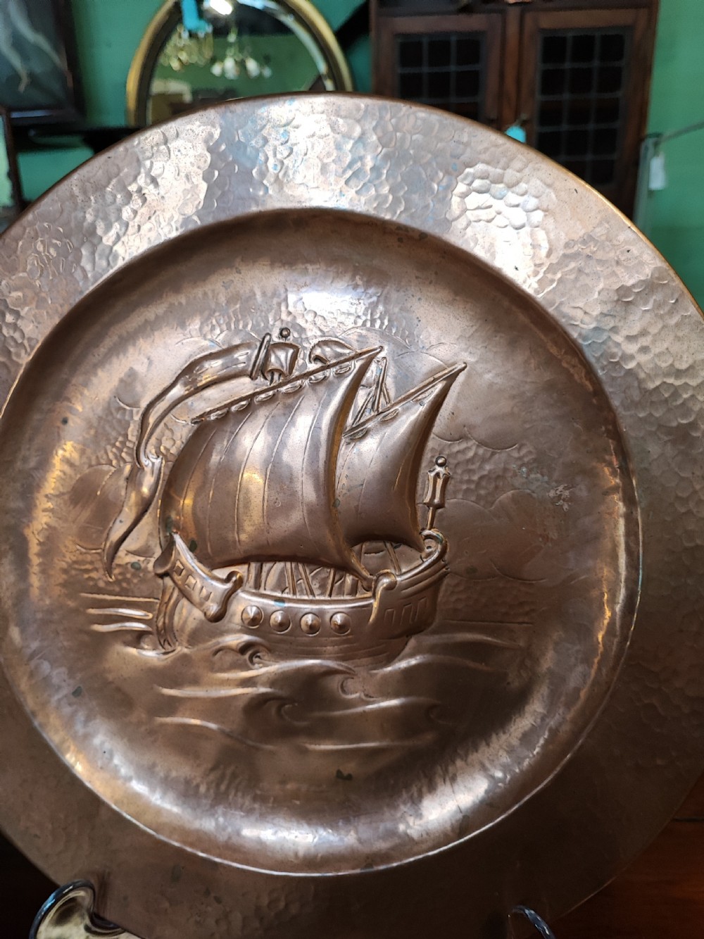 Art's and crafts copper gallion charger. View V