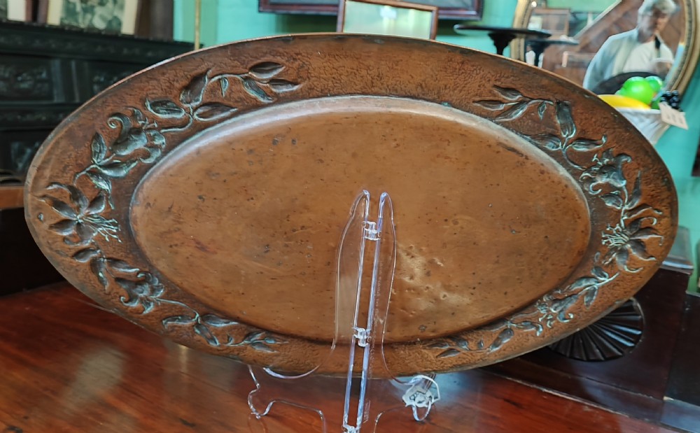 A beautiful arts and crafts oval copper tray. View II
