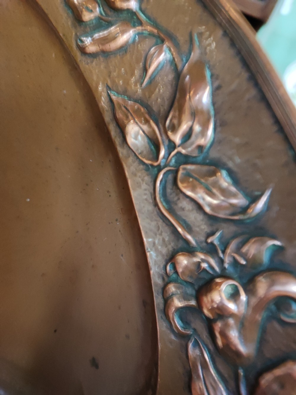 A beautiful arts and crafts oval copper tray. View III