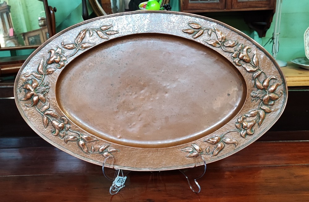 A beautiful arts and crafts oval copper tray. View V