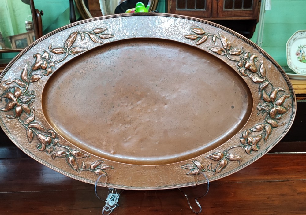 A beautiful arts and crafts oval copper tray. View VI