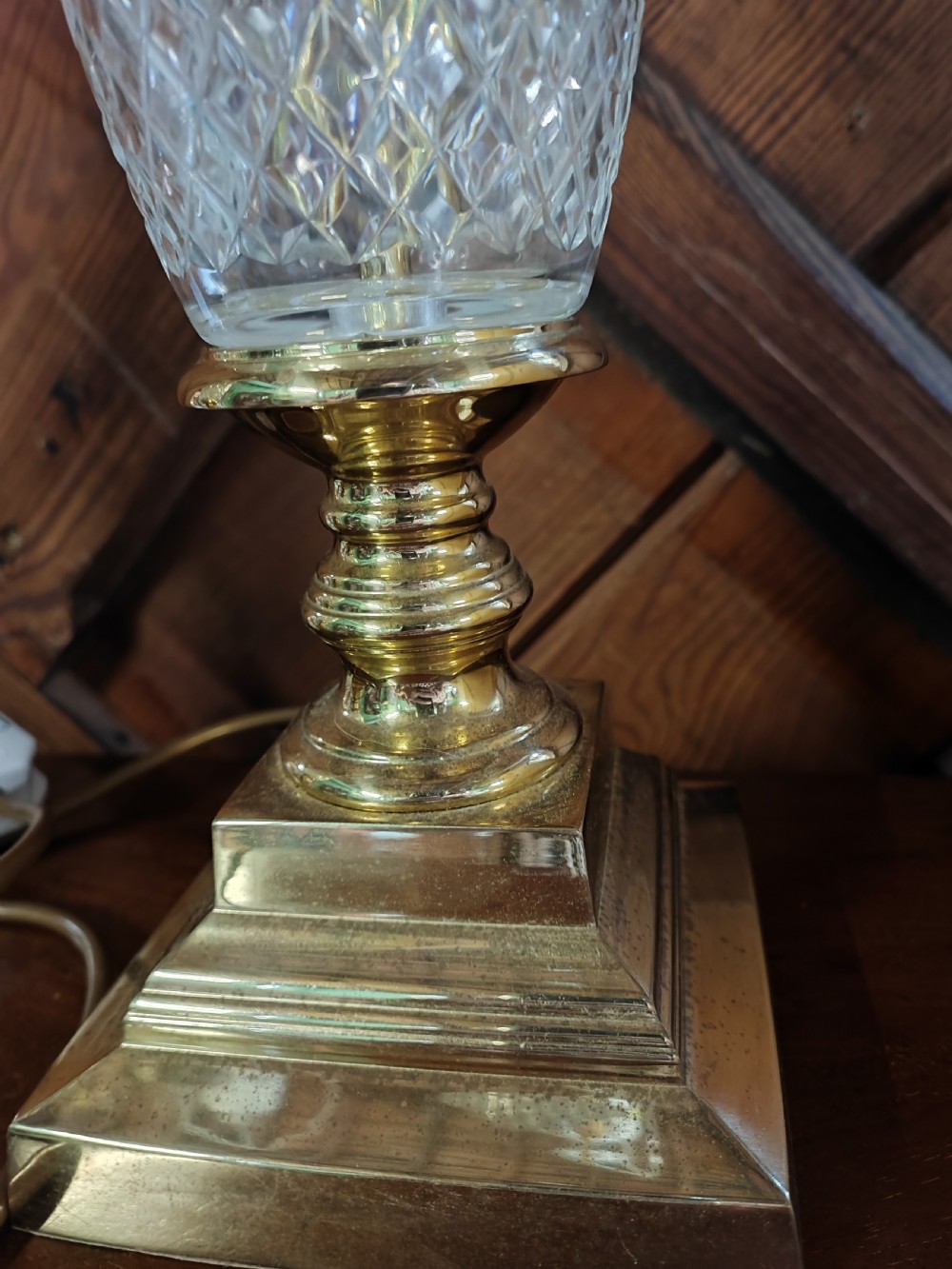 A pair of art Deco pineapple  table lamps in gilt brass and crystal. View V