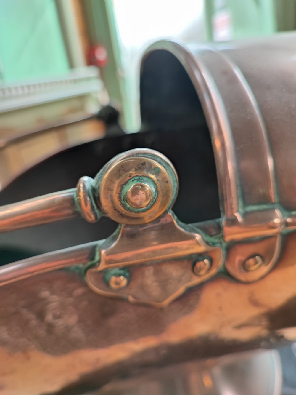 Antique copper coal hod and shovel.  View II