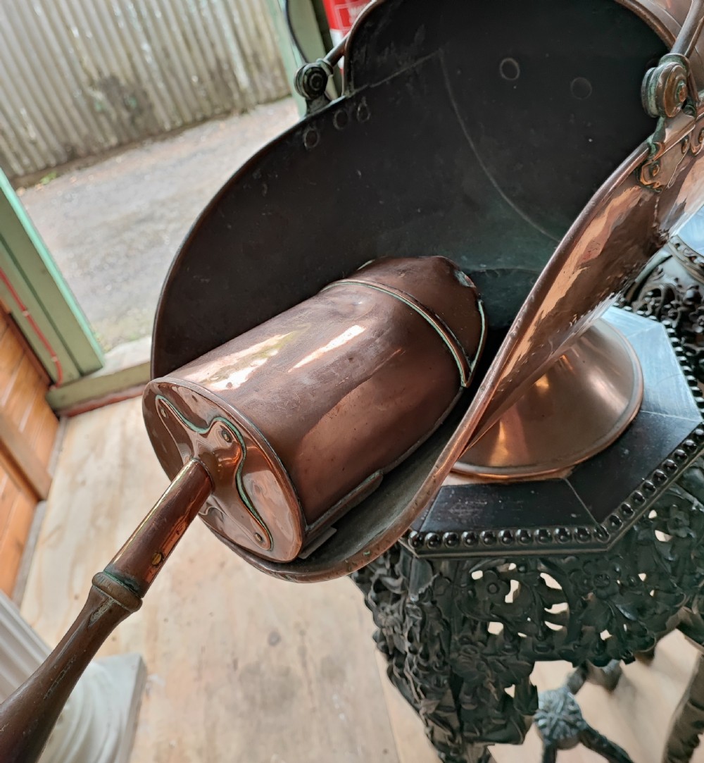 Antique copper coal hod and shovel.  View III