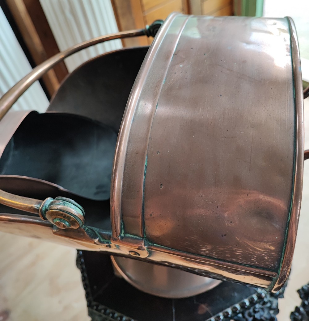 Antique copper coal hod and shovel.  View V