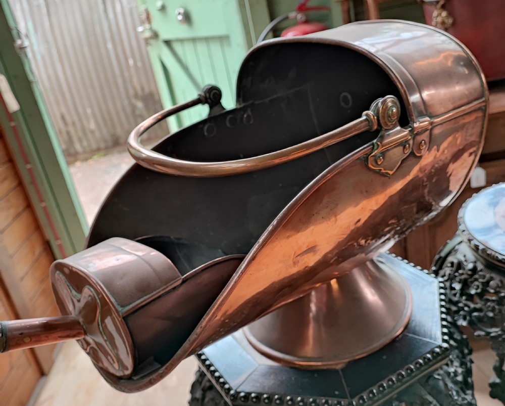 Antique copper coal hod and shovel.  View VIII