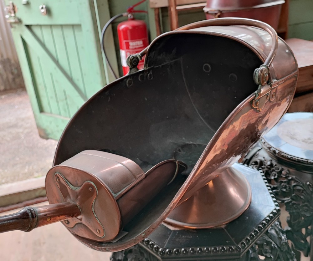 Antique copper coal hod and shovel.  View IX