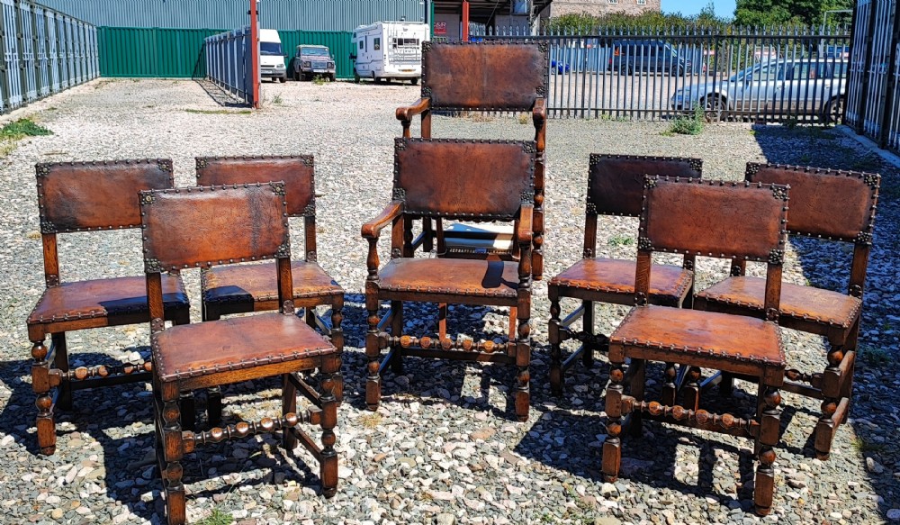 Antique set of 8 oak   upholstered leather chairs in the Cromwellian style 