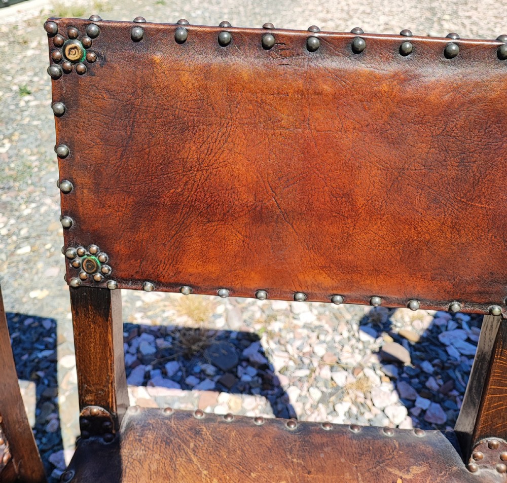 Antique set of 8 oak   upholstered leather chairs in the Cromwellian style  View VII