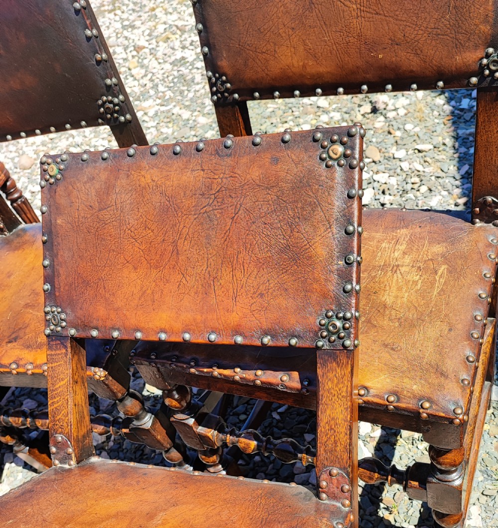 Antique set of 8 oak   upholstered leather chairs in the Cromwellian style  View X