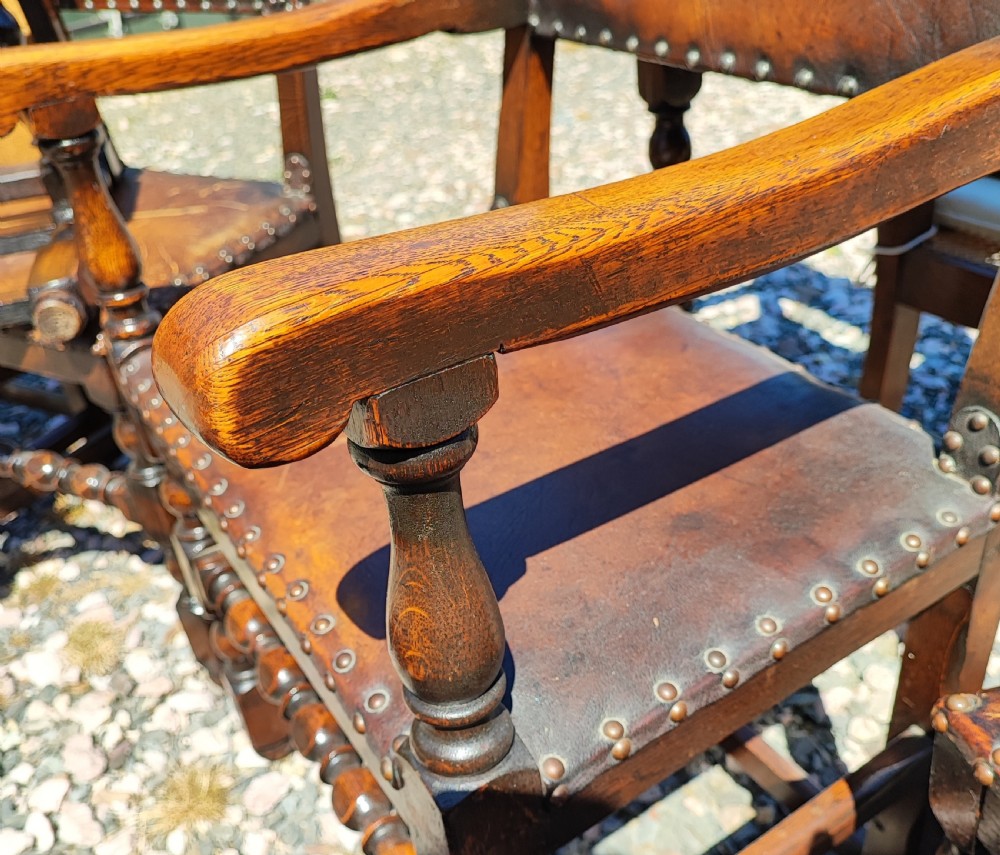 Antique set of 8 oak   upholstered leather chairs in the Cromwellian style  View XI