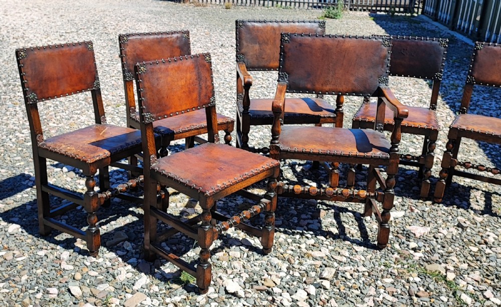 Antique set of 8 oak   upholstered leather chairs in the Cromwellian style  View XIV